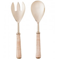 Jogo 2 Talheres Para Salada de Aço Inox Com Cabo de Rattan Dourado